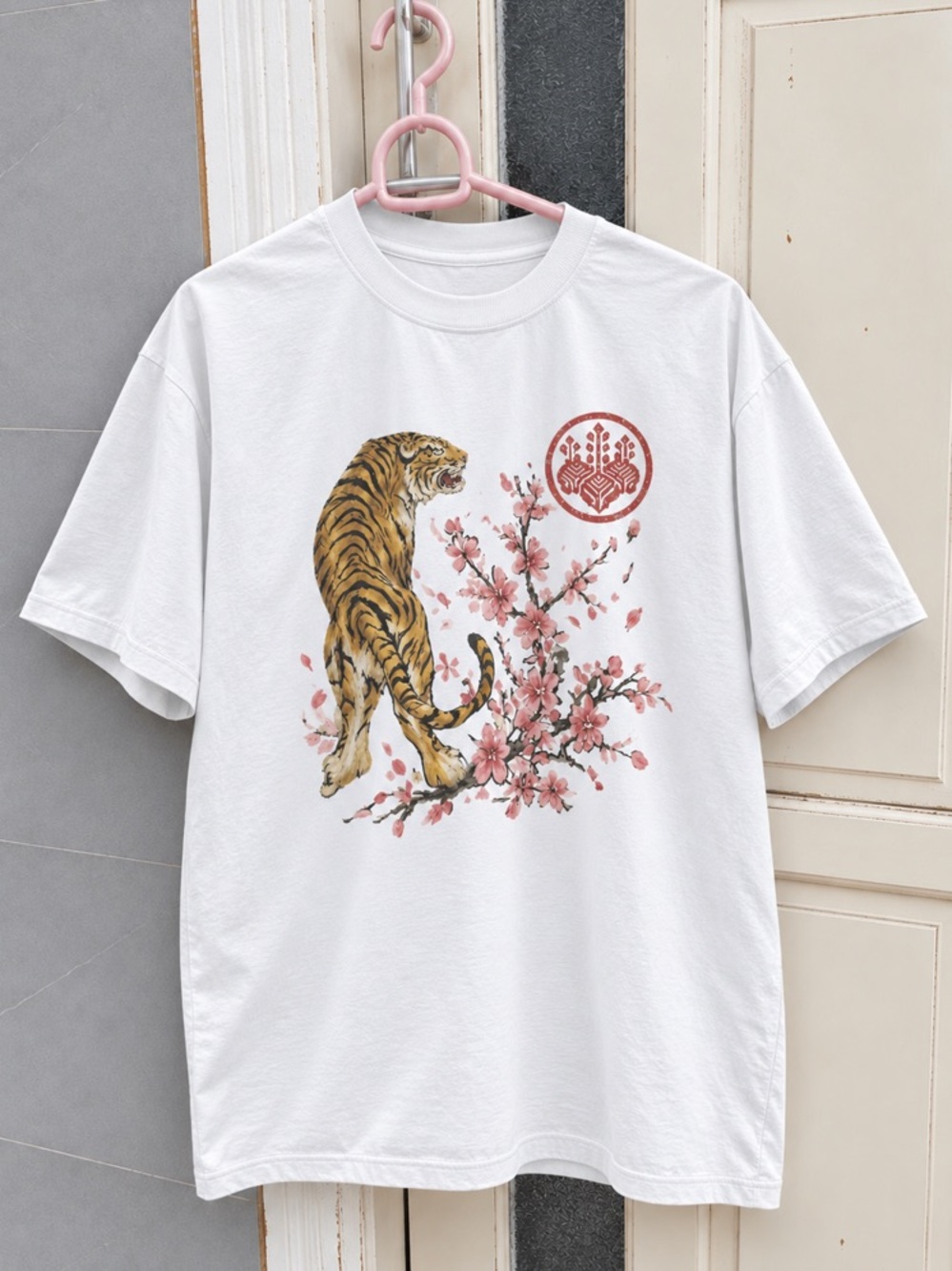 White Graphic Tiger & Cherry Blossom Crewneck T-Shirt
